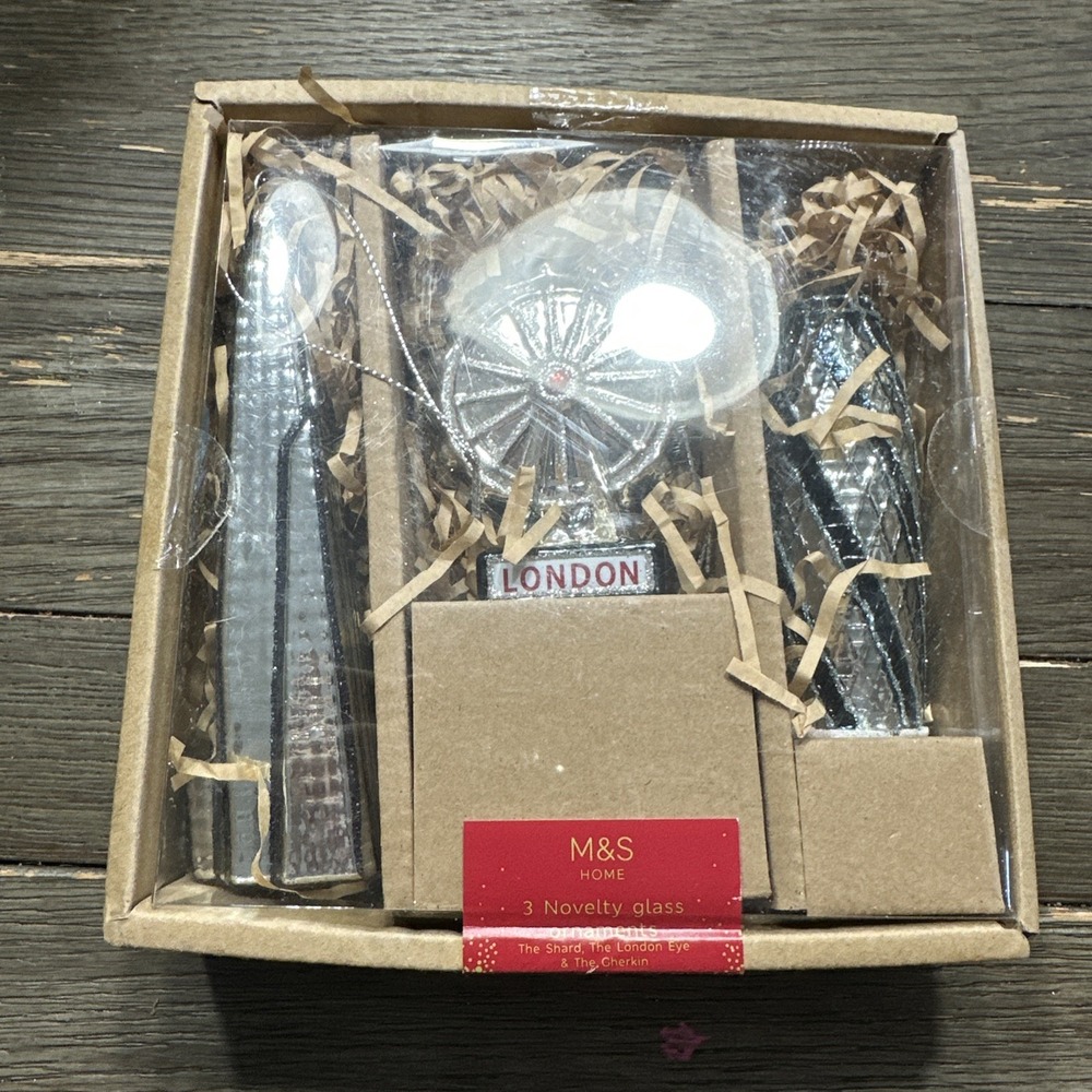 M&S 3ct Modern London Glass Christmas Tree Ornament Set Shard London Eye Gherkin